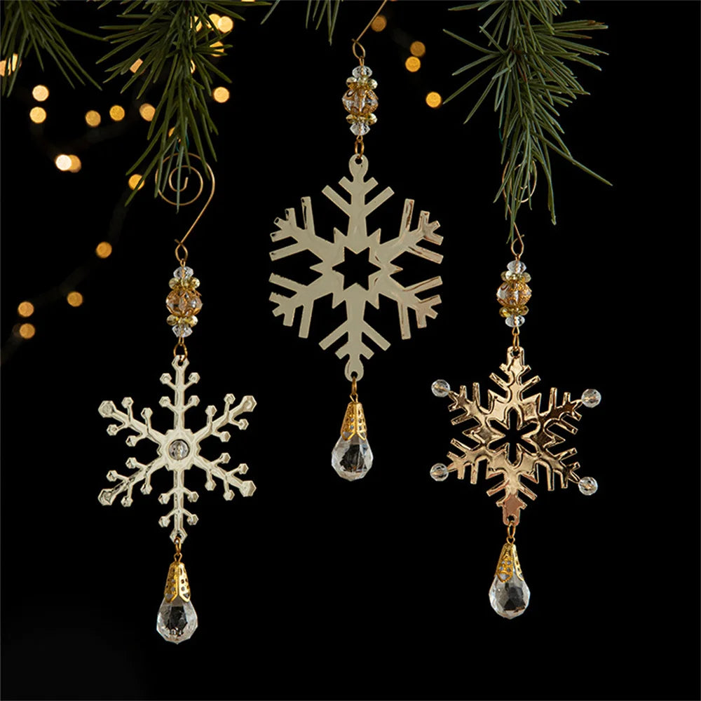 3D Christmas Tree Decoration Ornaments Hanging Metal Snowflake Icicle Drop Pendants Clear Crystal for Tree Winter New Year Party