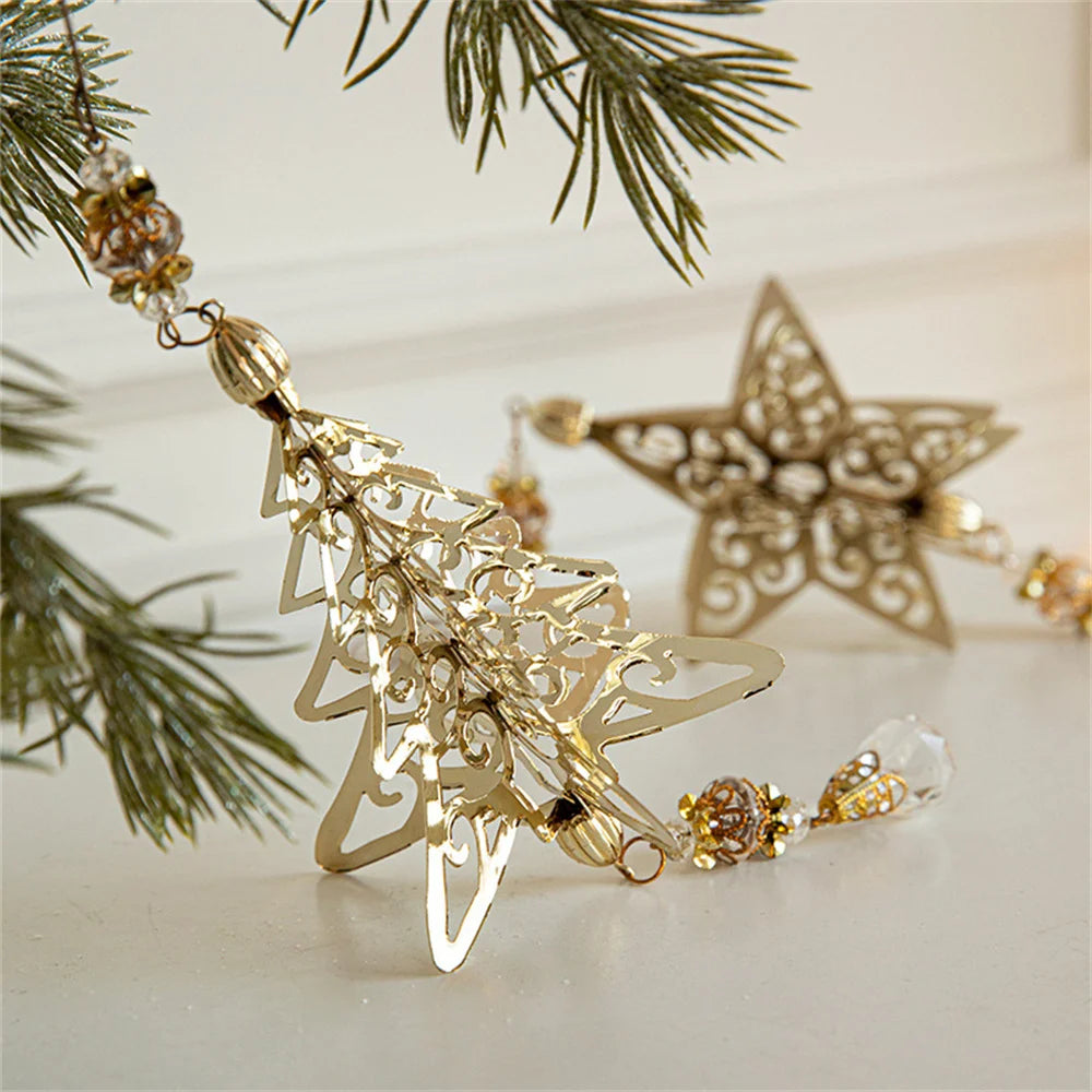 3D Christmas Tree Decoration Ornaments Hanging Metal Snowflake Icicle Drop Pendants Clear Crystal for Tree Winter New Year Party