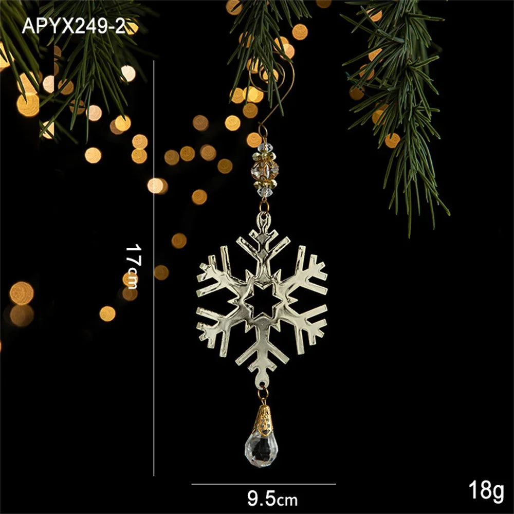 3D Christmas Tree Decoration Ornaments Hanging Metal Snowflake Icicle Drop Pendants Clear Crystal for Tree Winter New Year Party