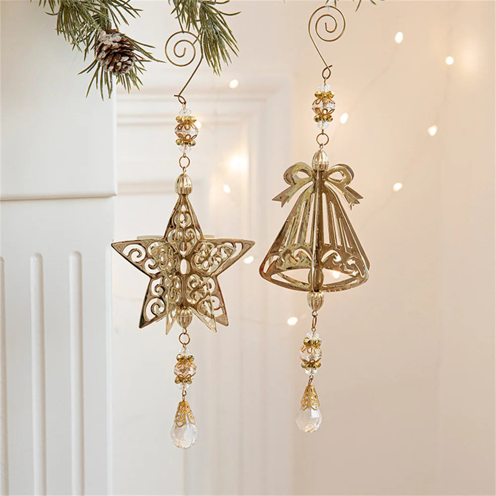 3D Christmas Tree Decoration Ornaments Hanging Metal Snowflake Icicle Drop Pendants Clear Crystal for Tree Winter New Year Party