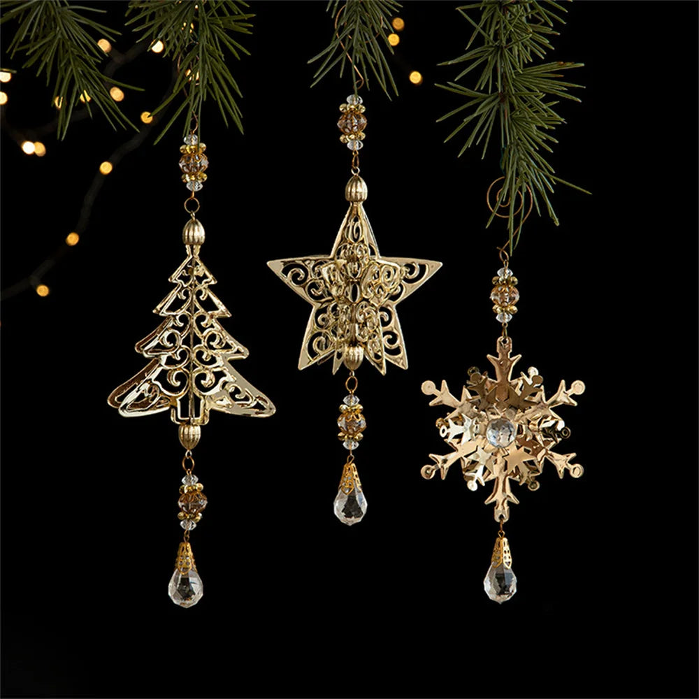 3D Christmas Tree Decoration Ornaments Hanging Metal Snowflake Icicle Drop Pendants Clear Crystal for Tree Winter New Year Party